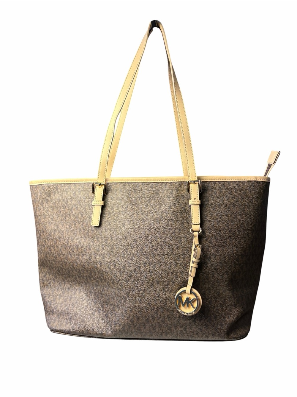 Michael Kors Jet Set Signature Travel Tote Classic Monogram MK Gold Logo Charm